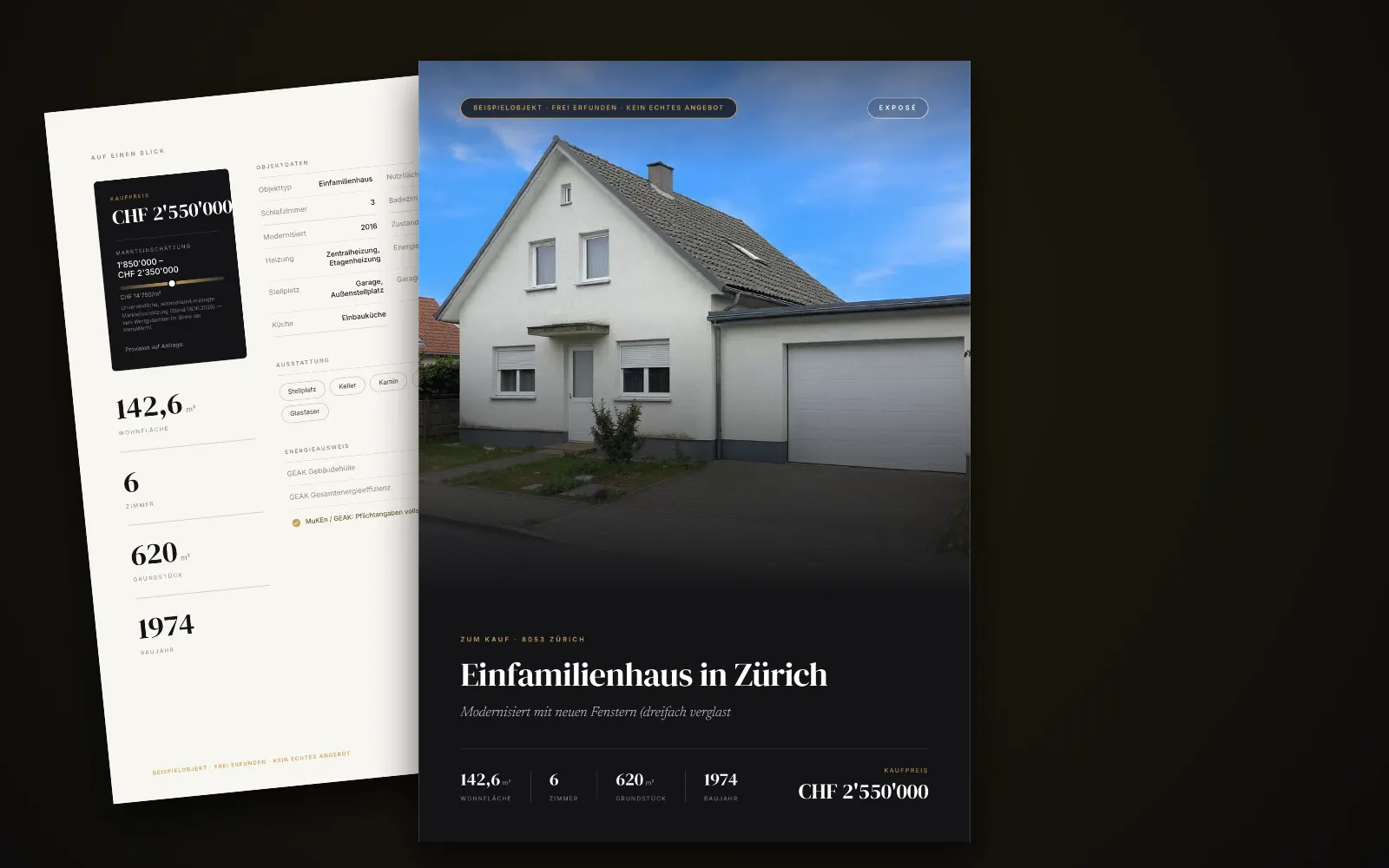 Exposé des Beispielobjekts in Zürich: Titelseite mit Foto, Titel und Kaufpreis, dahinter zwei weitere Seiten